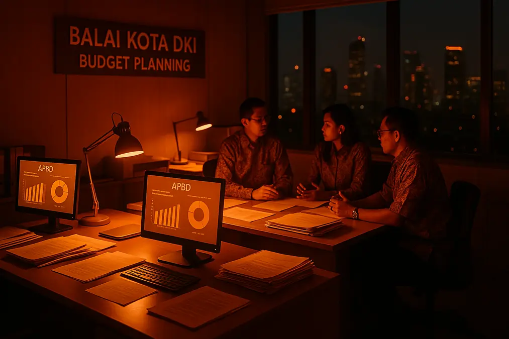 Suasana pembahasan APBD Perubahan Jakarta 2026 di kantor Pemprov DKI dengan nuansa cahaya jingga hangat