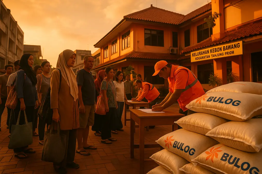 Warga antre menerima Bantuan Beras Bulog Kebon Bawang Juli September 2026 di kantor kelurahan