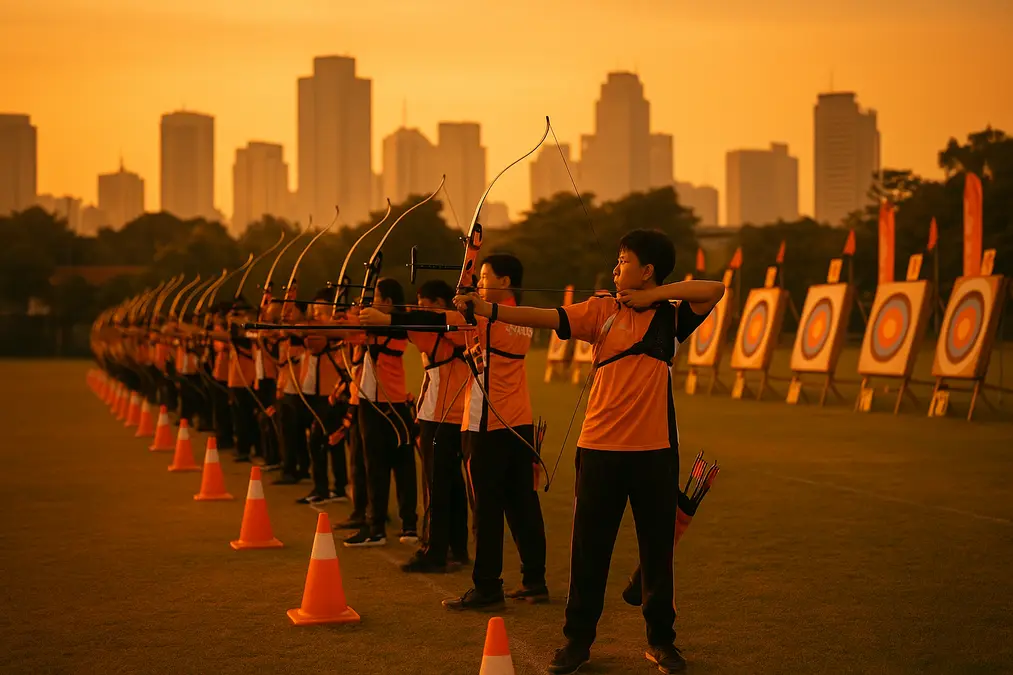 Ratusan pelajar mengikuti kejuaraan panahan pelajar DKI Jakarta di lapangan terbuka dengan latar kota