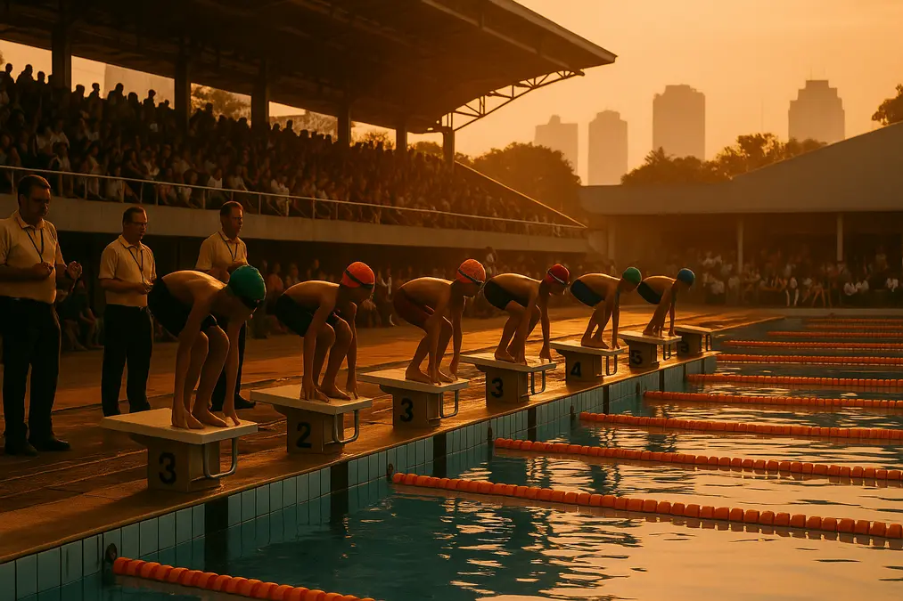 Suasana Kejuaraan Renang Pelajar Pemula Jakarta Selatan 2026 di kolam renang dengan atlet muda bersiap di lintasan