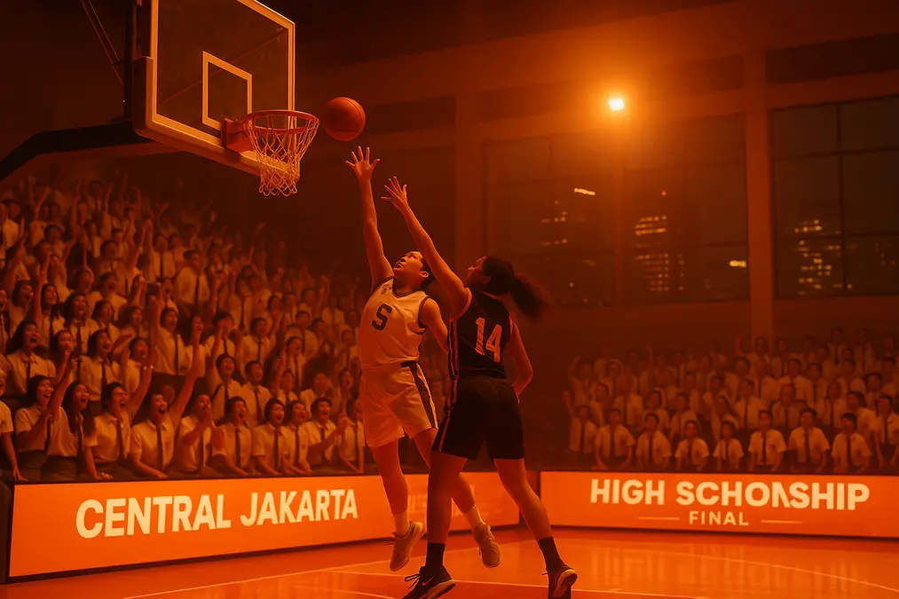 Suasana live streaming final putri DBL Central Jakarta 2026 di arena basket Jakarta dengan nuansa lampu oranye hangat