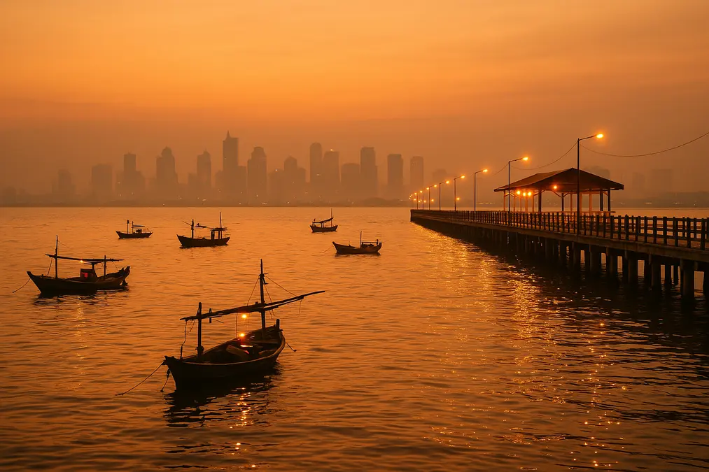 Suasana Teluk Jakarta tenang saat prakiraan cuaca maritim Teluk Jakarta 19 September 2026 dengan langit jingga dan perahu nelayan